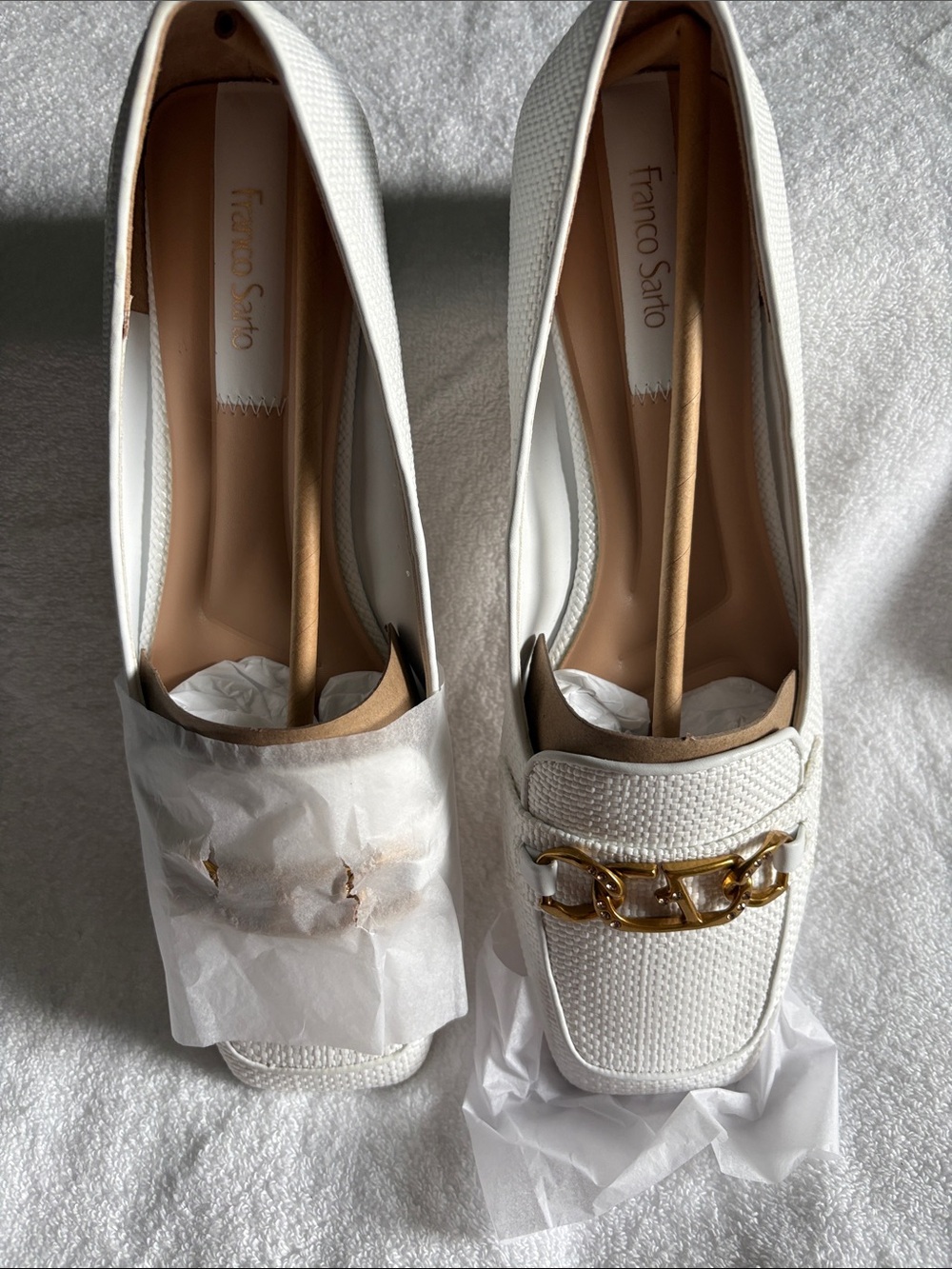 Franco Sarto White Woven Loafers with Gold Chain Accent